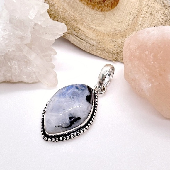FLASHY Rainbow Moonstone & Black Tourmaline Sterling Silver Gemstone Pendant - Picture 2 of 6